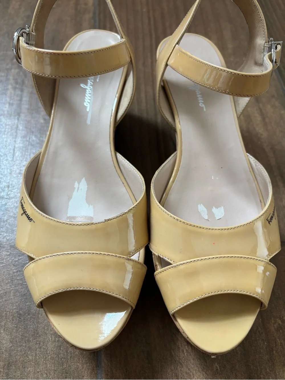 Salvatore Ferragamo Patent Leather My Sunset Cork Wedge Sandals Size 7.5 M